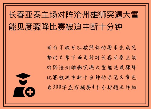 长春亚泰主场对阵沧州雄狮突遇大雪能见度骤降比赛被迫中断十分钟